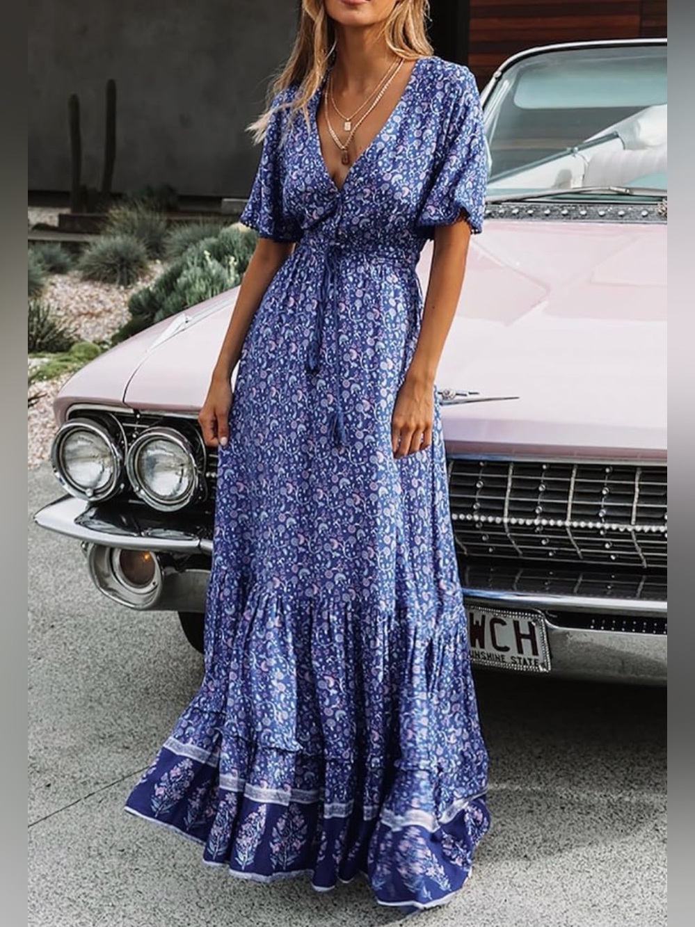 Blue Floral Short-Sleeve Maxi Dress